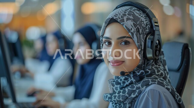 ارتداء سماعة الاتصال للرد على الاستعلامات والاستفسارات ، دمج التقنيات الحديثة بالأعمال المكتبية، موظفات عربيات خليجيات سعوديات يعملون في خدمة العملاء داخل مقر الشركة، متابعة وتطوير العمل في الشركات السعودية