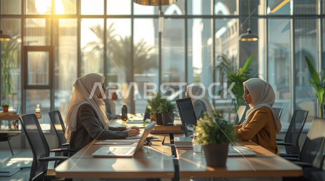 الحوارات والنقاشات ضمن الفريق وإنجاز العمل، مهن ووظائف سعودية، مفهوم الشراكة والتعاون، مجموعة من سيدات الأعمال العربيات الخليجيات السعوديات المحجبات يجلسون على طاولة الإجتماعات أمام الحواسيب المحمولة، دمج التقنيات الحديثة والمتطورة بالأعمال المكتبية