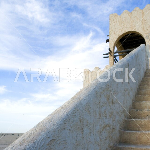 Historical archaeological sites in the State of Qatar, military heritage castles during the day, ancient-style architectural art of the Al-Zubarah Fort building west of the city of Doha, Qatari castles and forts, famous tourist attractions
