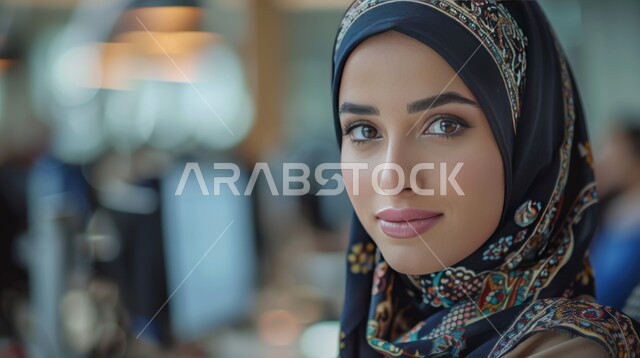 مفهوم الاهتمام بالأناقة والمظهر الخارجي، مهن ووظائف مكتبية نسائية، دمج التقنية والتكنولوجيا مع العمل، صورة مقربة لموظفة عربية سعودية خليجية محجبة مبتسمة تجلس أمام المكتب وتنظر إلى الكاميرا بإيماءات الثقة بالنفس