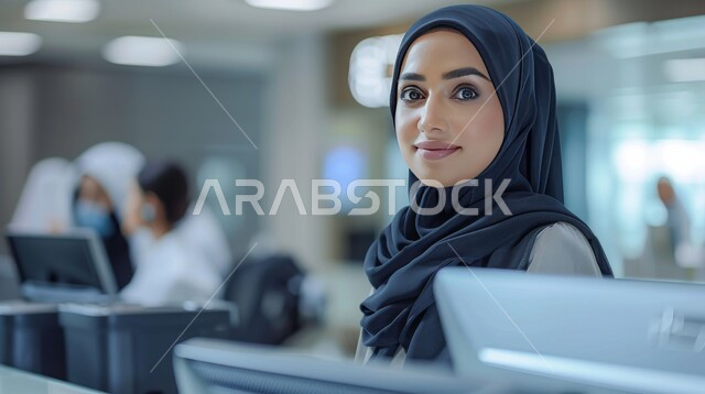 الاهتمام بالأناقة والمظهر الخارجي، مهن ووظائف مكتبية نسائية، دمج التقنية والتكنولوجيا مع العمل، صورة مقربة لموظفة عربية سعودية خليجية محجبة مبتسمة تجلس أمام المكتب وتنظر إلى الكاميرا بإيماءات الثقة بالنفس