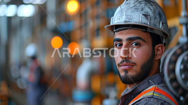 تطور ونمو القطاع الهندسي في المملكة، النظر إلى الكاميرا بإيماءات السعادة والسرور، مهن ووظائف هندسية سعودية، الاشراف على المشاريع في موقع العمل، صورة مقربة لمهندس شاب عربي خليجي سعودي يرتدي اللباس الخاص بالمهنة وخوذة الحماية