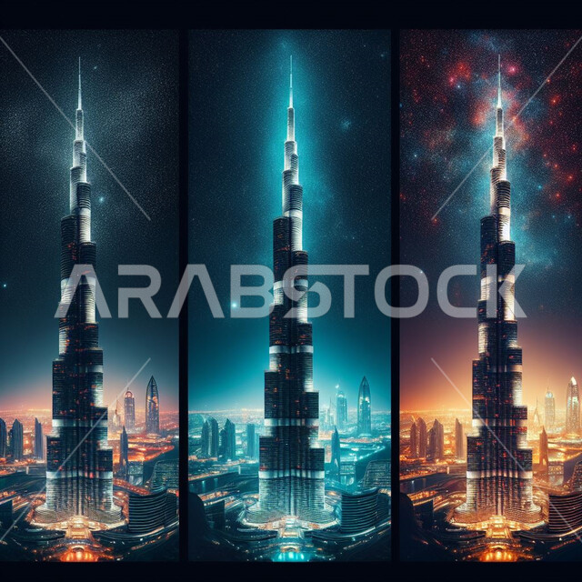 النمو والتطور العمراني على ساحل الخليج العربي، برج خليفة المضاء ليلا في مدينة دبي، الواجهة السياحية في الامارات العربية المتحدة، الفن الهندسي المعماري للأبراج وناطحات السحاب، جذب واستقطاب السياح من انحاء العالم