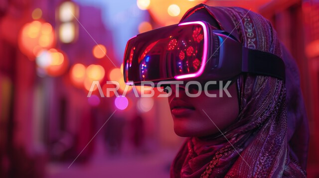 تقنيات حديثة الكترونية وأجهزة تكنولوجية، استخدام تقنية الفي آر، التفاعل ومحاكاة العالم الخيالي, صورة مقربة من الجانب لامرأة عربية خليجية سعودية محجبة تضع نظارات الواقع الافتراضي