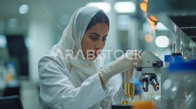 استعمال الأنابيب الزجاجية المعقمة لتحليل العينات المختلفة، معمل الصناعات الدوائية، مختبرات الفحوصات الطبية والتحاليل الكيمائية، صورة مقربة لمخبرية محجبة ترتدي القفازات والمعطف الطبي، إجراء تجارب وبحوث علمية عبر التكنولوجيا الحيوية