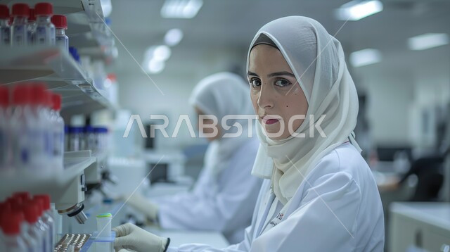 استخدام الأنابيب الزجاجية المعقمة لتحليل العينات المختلفة، معمل الصناعات الدوائية، مختبرات الفحوصات الطبية والتحاليل الكيمائية، صورة مقربة لمخبرية محجبة ترتدي القفازات والمعطف الطبي، إجراء تجارب وبحوث علمية عبر التكنولوجيا الحيوية