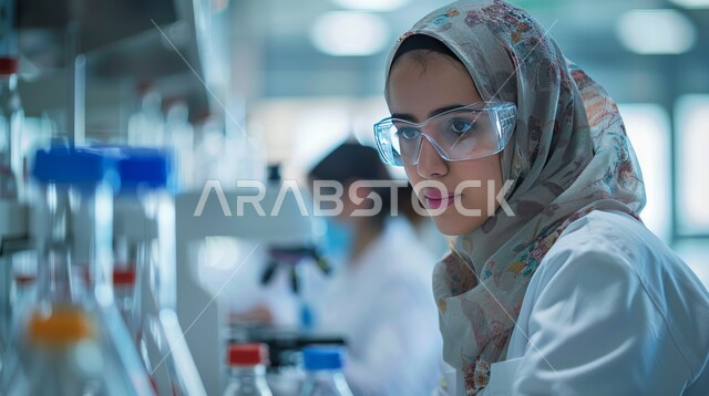 القيام بتجارب وبحوث علمية عبر التكنولوجيا الحيوية، استعمال الأنابيب الزجاجية المعقمة لتحليل العينات المختلفة، معمل الصناعات الدوائية، مختبرات الفحوصات الطبية والتحاليل الكيمائية، صورة مقربة لمخبرية محجبة ترتدي نظارات الحماية والمعطف الطبي