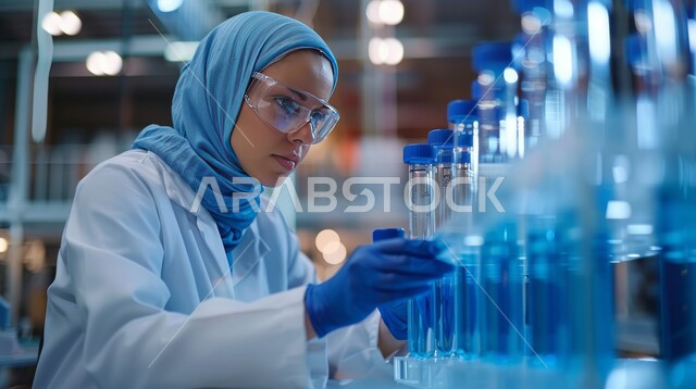 Pharmaceutical industries factory, medical testing and chemical analysis laboratories, using sterile glass tubes to analyze various samples, a close-up of a veiled laboratory wearing gloves, safety glasses and a medical coat, conducting scientific experiments and research through biotechnology