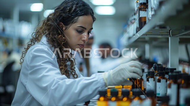 مختبرات الفحوصات الطبية والتحاليل الكيمائية، معمل الصناعات الدوائية، استخدام الأنابيب الزجاجية المعقمة لتحليل العينات المختلفة، صورة مقربة لمخبرية ترتدي القفازات والمعطف الطبي، إجراء تجارب وبحوث علمية عبر التكنولوجيا الحيوية