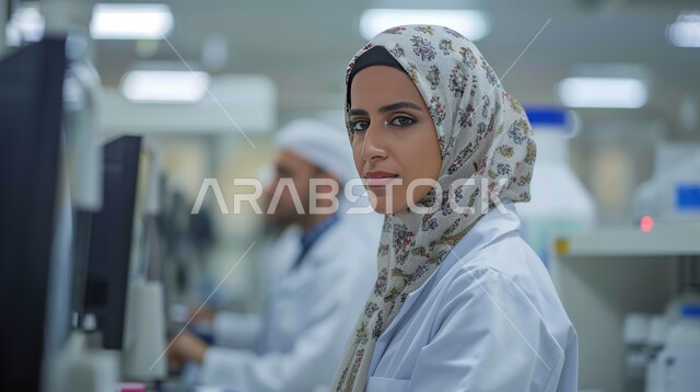 إجراء تجارب وبحوث علمية عبر التكنولوجيا الحيوية، استعمال الأنابيب الزجاجية المعقمة لتحليل العينات المختلفة، معمل الصناعات الدوائية، مختبرات الفحوصات الطبية والتحاليل الكيمائية، صورة مقربة لمخبرية محجبة ترتدي المعطف الطبي