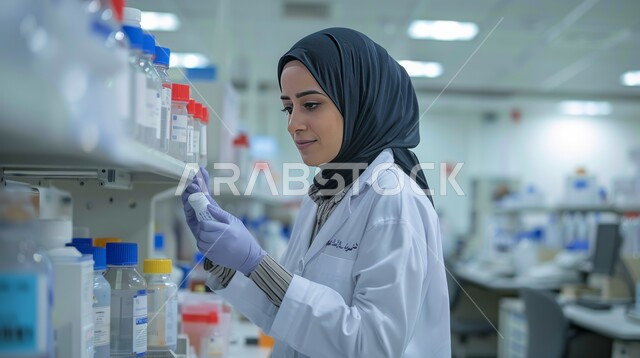 معمل الصناعات الدوائية، مختبرات الفحوصات الطبية والتحاليل الكيمائية، استخدام الأنابيب الزجاجية المعقمة لتحليل العينات المختلفة، صورة مقربة لمخبرية محجبة ترتدي القفازات والمعطف الطبي، إجراء تجارب وبحوث علمية عبر التكنولوجيا الحيوية