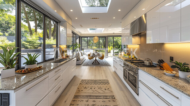 تصميم داخلي حديث لمطبخ داخل شقق وفلل سكنية،  تصاميم معمارية هندسية حديثة وديكورات داخلية، مطبخ بتصميم عصري لونه أبيض