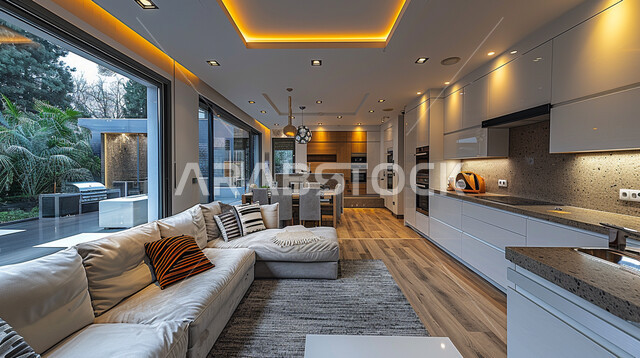 Modern architectural designs and interior decorations, modern interior design for a kitchen inside residential apartments and villas, a modern design kitchen in white color