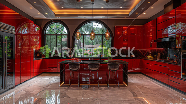 تصميم عصري لمطبخ لونه أحمر، تصميم داخلي حديث لمطابخ داخل شقق وقصور فاخرة،  تصاميم معمارية هندسية حديثة وديكورات داخلية