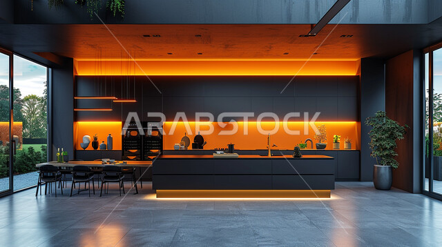 تصميم هندسي معماري حديث، تصاميم عصرية لمطبخ لونه أسود، تصميمات  داخلية حديثة لمطابخ داخل شقق وفلل سكنية