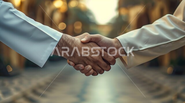 عقد صفقات عمل جديدة ناجحة بين رجال الأعمال، صداقات وتعارف وبناء علاقات اجتماعية، الشراكة في الأعمال والمشاريع، صورة مقربة ليدين رجلان سعوديان يقومان بمصافحة بعضهما، توسيع مجالات العمل