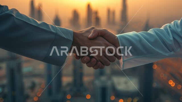 Friendships, acquaintance, and building social relationships, partnership in business and projects, concluding new successful business deals between businessmen, a close-up of the hands of two Saudi men shaking hands with each other, expanding work fields.