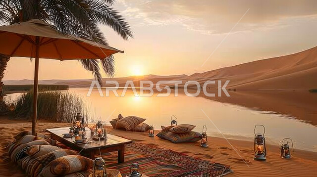 التخييم أمام البحيرات الصغيرة في صحاري المملكة العربية السعودية, كشتة و جلسة بر شبابية، الأجواء الشتوية الممتعة, مجلس بدوي شعبي مليئ بالفوانيس المعدنية وسط الصحراء، التضاريس والرمال الذهبية الناعمة، مخيمات سياحية في المناطق البرية