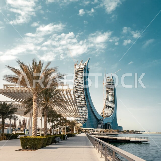 Tourist attractions in Lusail City, the architectural art of the Katara Tower building on the waterfront in Qatar, the famous hospitality project, the development and urban progress of towers and skyscrapers