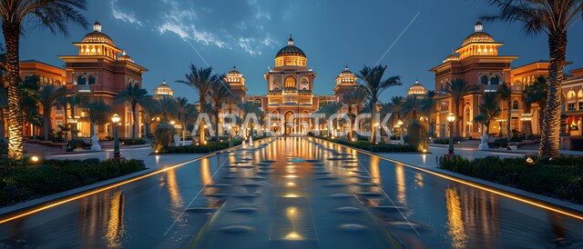 Worship and drawing closer to God Almighty, architectural art of minarets and domes, a mosque with Islamic decorations and designs in the ancient modern style, sacred Islamic religious places and landmarks.