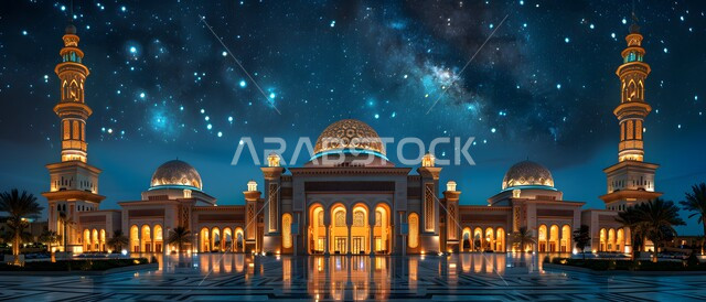 منظر السماء المليئة بالنجوم، مسجد مضاء محاط ببحيرة ماء ليلا، الفن الهندسي المعماري لبناء المساجد في المملكة العربية السعودية، القبب و المآذن على الطراز الإسلامي العريق، العباده والتقرب إلى الله، أماكن ومعالم اسلامية مقدسة