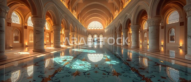 ممر مسجد عربي عريق، الفن الهندسي المعماري الاعمدة والاقواس على الطراز الاسلامي، التصاميم والديكورات الداخلية الأنيقة للمساجد، العبادة والتقرب إلى الله