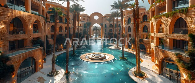 بركة اصطناعية محاطة بمجموعة من الابنية، الفن الهندسي المعماري للمباني على الطراز العربي العريق، الاهتمام بزراعة الاشجار والنباتات الخضراء، أماكن ومعالم سياحية في المملكة العربية السعودية