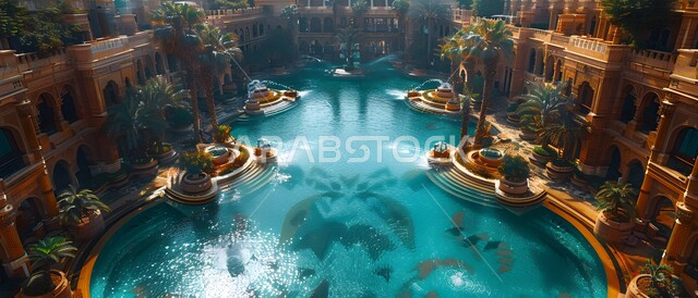  الفن الهندسي المعماري للمباني على الطراز العربي العريق، بركة اصطناعية محاطة بمجموعة من الابنية،الاهتمام بزراعة الاشجار والنباتات الخضراء، أماكن ومعالم سياحية في المملكة العربية السعودية