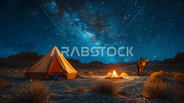 أجواء تخييم شبابية ليلية هادئة أمام شعلة الحطب، أماكن المغامرات والكشتات البرية، مخيمات سياحية في صحاري المملكة العربية السعودية، الاهتمام بتربية المواشي والجمال في المناطق الصحراوية، الطبيعة والرمال الذهبية الناعمة، منظر السماء المليئة بالنجوم ليلا