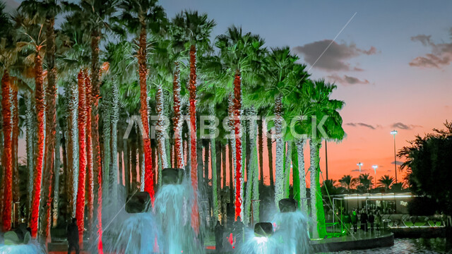  حديقة الشهيد في منطقة الكويت الثقافية الوطنية الجديدة، أماكن ومناطق عائلية للتنزه والترفيه والمتعة، منظر المروج الخضراء والأشجار والبيئة الطبيعية وقت غروب الشمس، الاهتمام بإضاءة وإنارة الحدائق والمنتزهات العامة ودولة الكويت