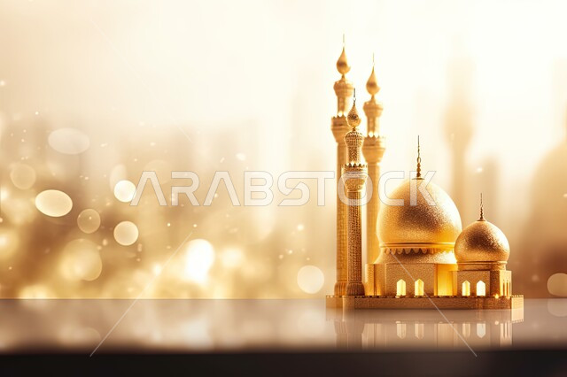 العبادة وىالتقرب الى الله تعالى, المعالم الإسلامية المقدسة، مجسم ثلاثي الابعاد لجامع باللون الذهبي, أجواء روحانية إسلامية, التصاميم العصرية على الطراز الحديث لبناء المساجد في المملكة العربية السعودية, مقصد المسلمين لأداء الصلوات