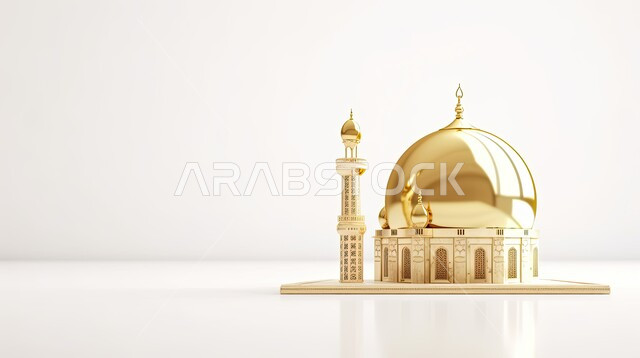 مقصد المسلمين لأداء الصلوات، العبادة وىالتقرب الى الله تعالى, المعالم الإسلامية المقدسة، مجسم ثلاثي الابعاد لجامع باللون الذهبي, أجواء روحانية إسلامية, التصاميم العصرية على الطراز الحديث لبناء المساجد في المملكة العربية السعودية, خلفية بيضاء