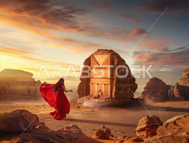 المعالم الأثرية القديمة في المملكة العربية السعودية، أماكن طبيعية تاريخية لجذب واستقطاب السائحين، صورة من الخلف لإمراة ترتدي عباءة حمراء تنظر لقصر الفريد في مدائن صالح في محافظة العلا، التكوينات الصخرية في المناطق الصحراوية، زيارة مدفن حيان بن كوزا