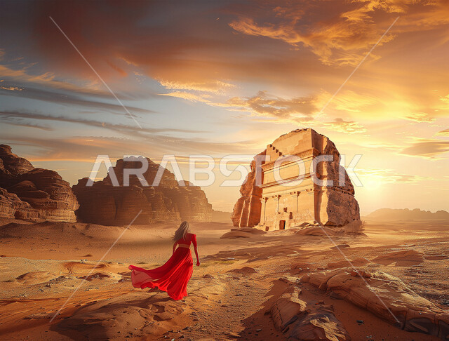 المعالم الأثرية القديمة في المملكة العربية السعودية، أماكن طبيعية تاريخية لجذب واستقطاب السائحين، صورة من الخلف لإمراة ترتدي عباءة حمراء تنظر لقصر الفريد في مدائن صالح في محافظة العلا، التكوينات الصخرية في المناطق الصحراوية، زيارة مدفن حيان بن كوزا