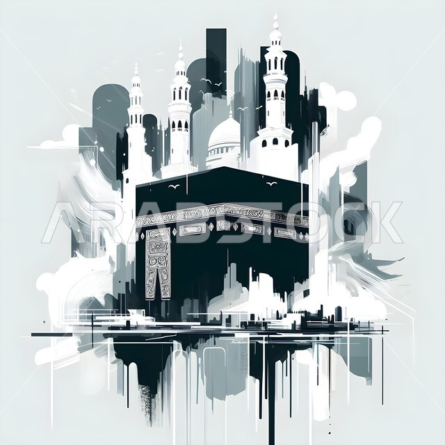 أداء مناسك الحج والعمرة، العبادة والتقرب إلى الله، معالم و أماكن إسلامية مقدسة دينية في المملكة العربية السعودية، رسوم بالألوان الزيتية للكعبة المشرفة  في الحرم المكي الشريف في مكة المكرمة