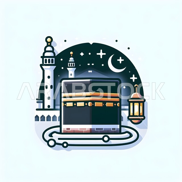 3D Islamic backgrounds and graphics, a 3D model of the Holy Kaaba, the Qibla of Islam and Muslims, honorable religious purposes, holy places and landmarks in Mecca, Islamic matters and worship, white background