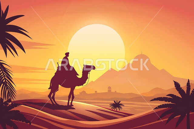 مفهوم رعاية المواشي والثدييات، منظر غروب الشمس على الكثبان الرملية في المناطق الصحراوية، الاهتمام في تربية الجمال والإبل، حيوانات التنقل والسفر في القدم، رسوم توضيحية ظلية لرجل عربي خليجي سعودي يقود حيوان الجمل في الصحراء، سيلويت