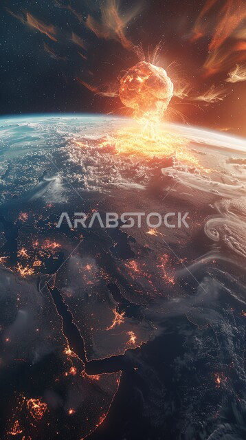 Natural disasters and accidents, a burning meteorite colliding with the surface of the Earth, cosmic collisions in the outside world, problems of the atmosphere, a map of the Kingdom of Saudi Arabia on planet Earth.