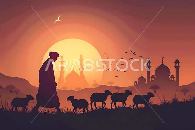 أضاحي وقربان عيد الأضحى المبارك، الإهتمام بتربية الحيوانات والمواشي ، رسوم توضيحية ظلية لراعي أغنام يقوم برعاية قطيع من الغنم، منظر غروب الشمس في المناطق الطبيعية بالمملكة العربية السعودية، خلفية قبب ومآذن المساجد، سيلويت