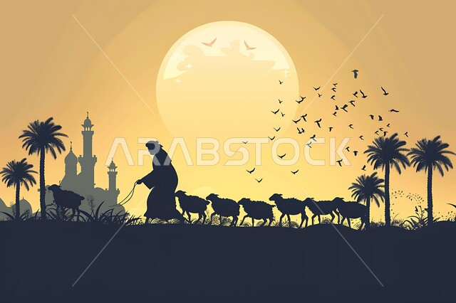 قربان وأضاحي عيد الأضحى المبارك، الإهتمام بتربية الحيوانات والمواشي ، رسوم توضيحية ظلية لراعي أغنام يقوم برعاية قطيع من الغنم، منظر غروب الشمس في المناطق الطبيعية بالمملكة العربية السعودية، خلفية قبب ومآذن المساجد، سيلويت