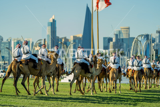تحقيق أمن وحماية الأمير وولي العهد داخل وخارج الدولة، صورة من الخلف للحرس الأميري على ظهور الجمال في النهار، الديوان الأميري في مدينة الدوحة في دولة قطر