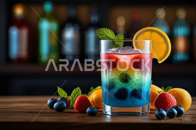 Mojito juice with fresh fruit pieces, cold drinks and natural hydrating juices, a healthy and beneficial drink full of vitamins, a refreshing and iced summer cocktail.