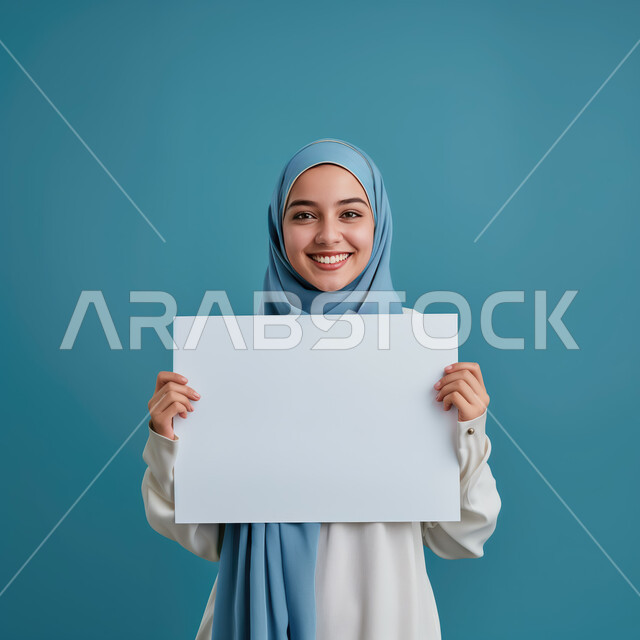  موك اب مستطيل ابيض, العروض والإعلانات التسويقية, بورتريه مقرب لإمرأة عربية خليجية سعودية مبتسمة ترتدي الحجاب تمسك بيديها لوحة مستطيلة فارغة، النظر إلى الكاميرا بتعابير وايماءات الفرح والسرور، لوحات توضيحية ووسائل تعليمية, خلفية زرقاء