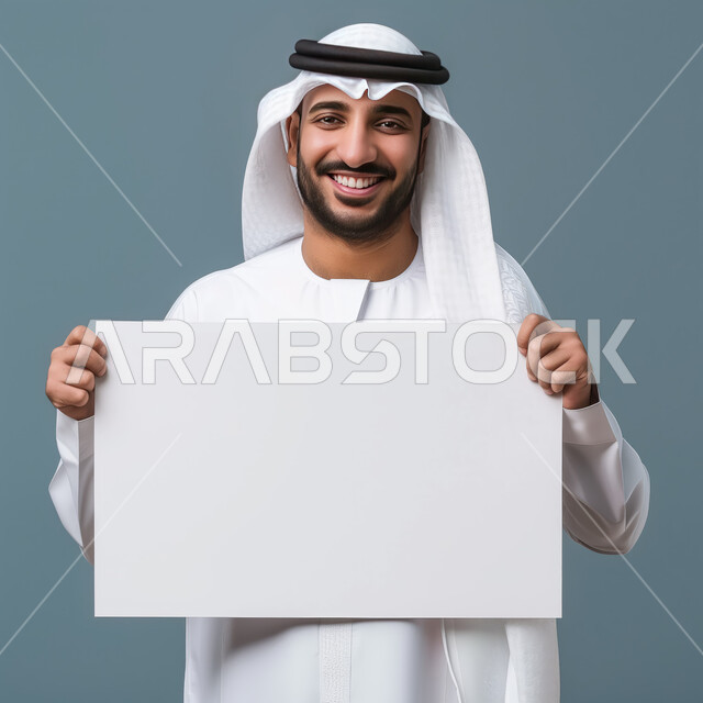 النظر الى الكاميرا بإيماءات الإعجاب والسرور، موك اب أبيض، بورتريه مقرب لشاب عربي سعودي خليجي مبتسم يرتدي الغترة والثوب التقليدي يحمل بيده لوحه بيضاء مستطيلة، لوح إعلاني فارغ، الدعاية والترويج لشيء ما ، خلفية رمادية