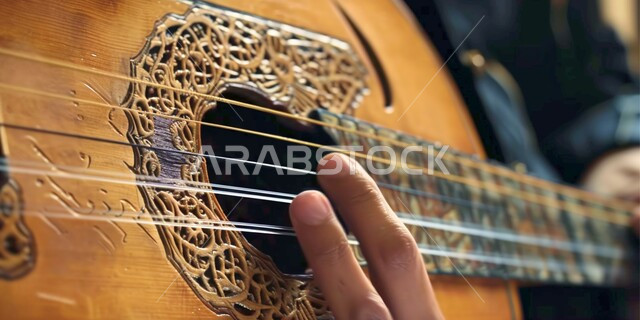 ممارسة هواية العزف باستخدام آلة العود، مواهب فنية موسيقية، صورة مقربة لأيدي رجل خليجي سعودي عربي فنان يقدم البرامج والفنون الموسيقية والفن المسرحي، الإستمتاع بالعزف على الآلات الوترية الكلاسيكية، جلسة وناسة وطرب