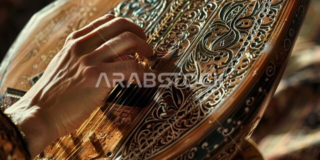 ممارسة هواية العزف باستخدام آلة العود، مواهب فنية موسيقية، صورة مقربة لأيدي رجل خليجي سعودي عربي فنان يقدم البرامج والفنون الموسيقية والفن المسرحي، الإستمتاع بالعزف على الآلات الوترية الكلاسيكية، جلسة وناسة وطرب