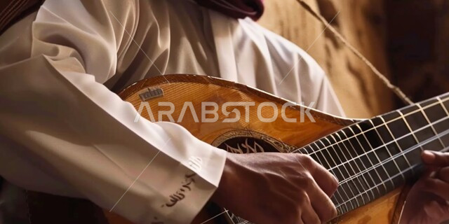 تقديم البرامج والفنون الموسيقية والفن المسرحي، الإستمتاع بالعزف على الآلات الوترية الكلاسيكية، جلسة وناسة وطرب، مواهب فنية موسيقية، صورة مقربة لأيدي رجل خليجي سعودي عربي فنان يقوم بممارسة هواية العزف باستخدام آلة العود