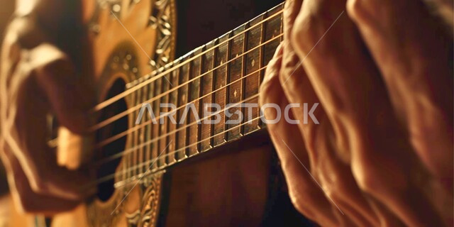 تقديم البرامج والفنون الموسيقية والفن المسرحي، الإستمتاع بالعزف على الآلات الوترية الكلاسيكية، جلسة وناسة وطرب، مواهب فنية موسيقية، صورة مقربة لأيدي رجل خليجي سعودي عربي فنان يقوم بممارسة هواية العزف باستخدام آلة العود