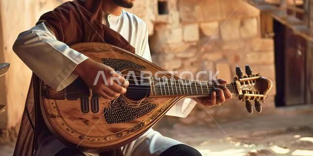 جلسة وناسة وطرب، ممارسة هواية العزف باستخدام آلة العود، مواهب فنية موسيقية، صورة مقربة لأيدي رجل خليجي سعودي عربي فنان يقدم البرامج والفنون الموسيقية والفن المسرحي، الإستمتاع بالعزف على الآلات الوترية الكلاسيكية