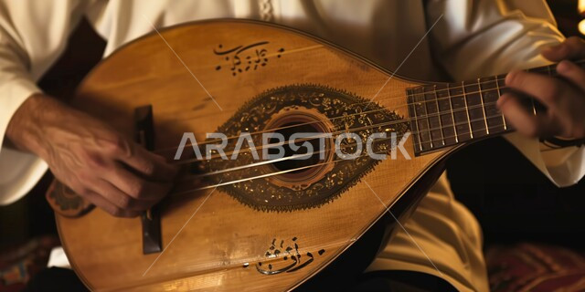 تقديم البرامج والفنون الموسيقية والفن المسرحي، الإستمتاع بالعزف على الآلات الوترية الكلاسيكية، جلسة وناسة وطرب، مواهب فنية موسيقية، صورة مقربة لأيدي رجل خليجي سعودي عربي فنان يقوم بممارسة هواية العزف باستخدام آلة العود